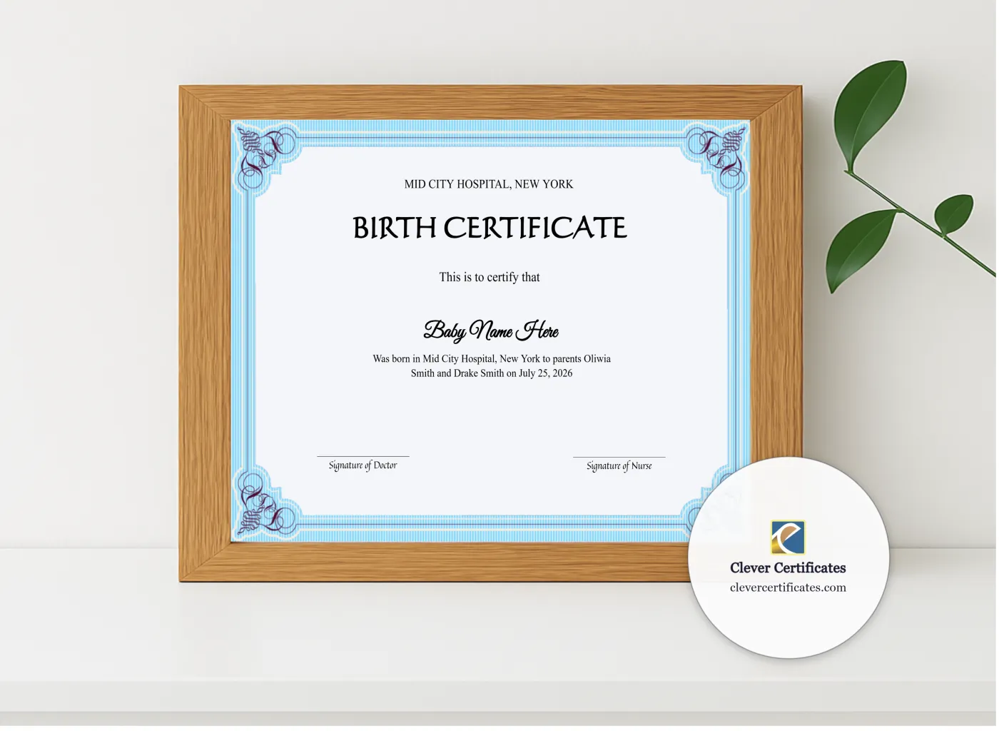 Realistic mockup featuring Editable Baby Birth Certificate displayed within a modern frame, set against a minimalistic background.