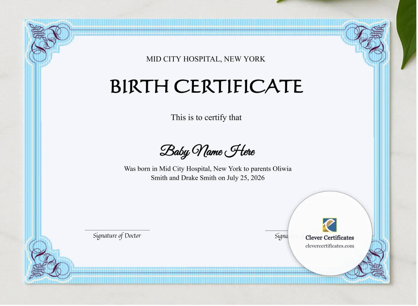 Editable Baby Birth Certificate presented in a sleek wooden frame, elegantly arranged on a stylish table.
