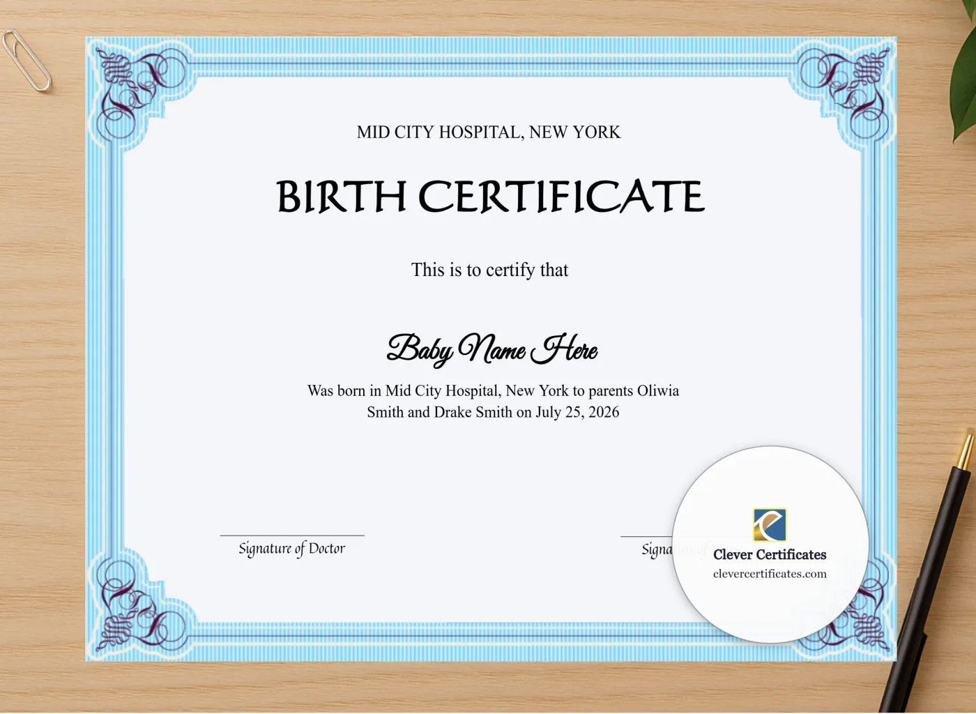 Professional preview of Editable Baby Birth Certificate certificate on high-quality stationery paper, ideal for showcasing the final look.