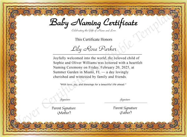 Editable Baby Naming Certificate