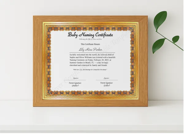 Realistic mockup featuring Editable Baby Naming Certificate displayed within a modern frame, set against a minimalistic background.