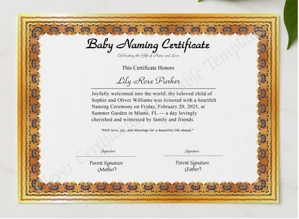 Editable Baby Naming Certificate presented in a sleek wooden frame, elegantly arranged on a stylish table.