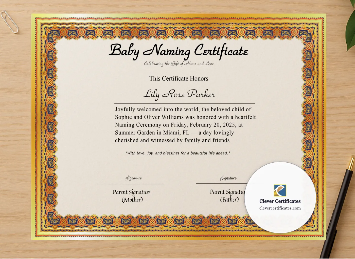 Professional preview of Editable Baby Naming Certificate certificate on high-quality stationery paper, ideal for showcasing the final look.