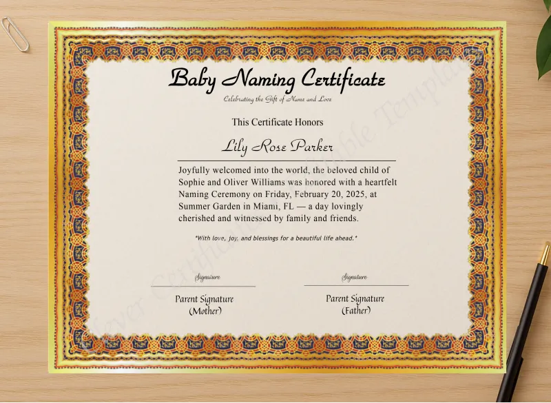 Professional preview of Editable Baby Naming Certificate certificate on high-quality stationery paper, ideal for showcasing the final look.