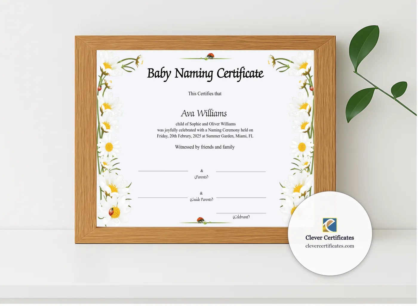 Realistic mockup featuring Baby Naming Certificate displayed within a modern frame, set against a minimalistic background.