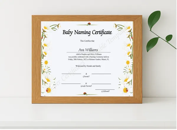 Realistic mockup featuring Baby Naming Certificate displayed within a modern frame, set against a minimalistic background.