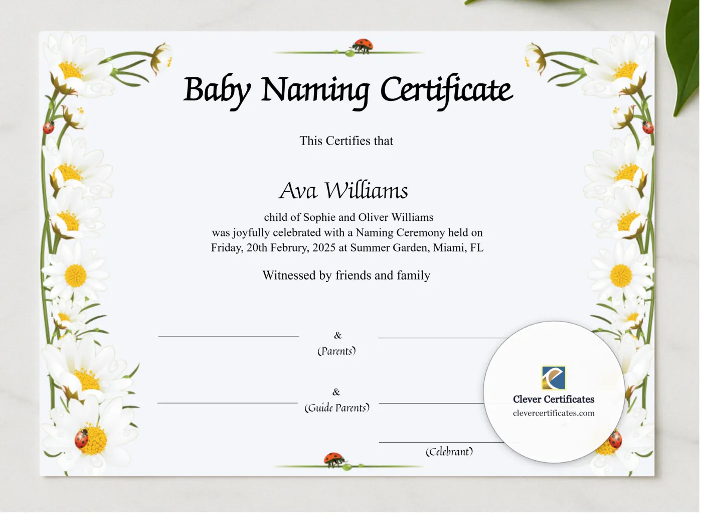 Baby Naming Certificate presented in a sleek wooden frame, elegantly arranged on a stylish table.
