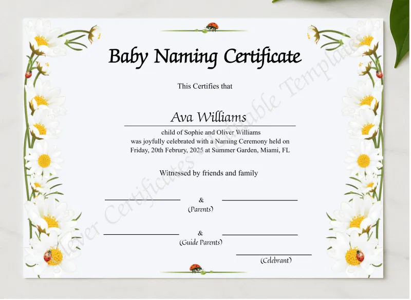 Baby Naming Certificate presented in a sleek wooden frame, elegantly arranged on a stylish table.