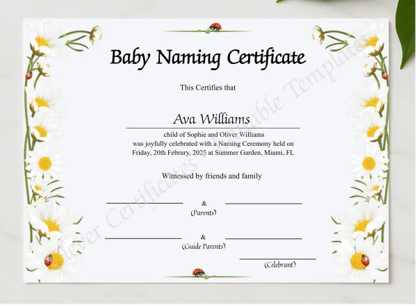 Baby Naming Certificate presented in a sleek wooden frame, elegantly arranged on a stylish table.