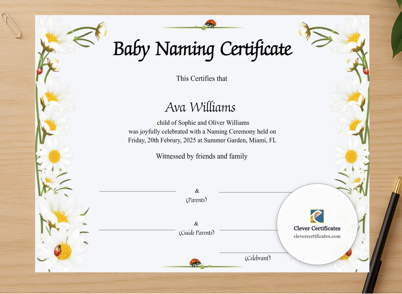 Professional preview of Baby Naming Certificate certificate on high-quality stationery paper, ideal for showcasing the final look.