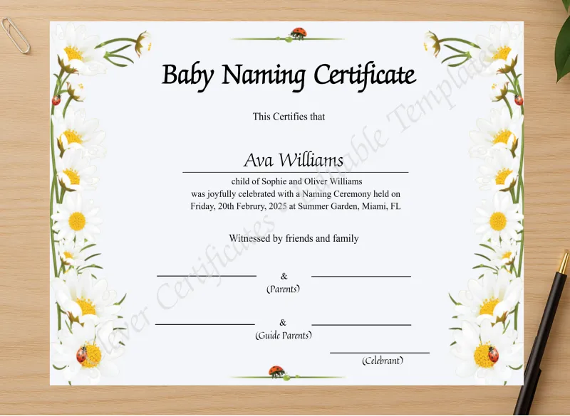 Professional preview of Baby Naming Certificate certificate on high-quality stationery paper, ideal for showcasing the final look.