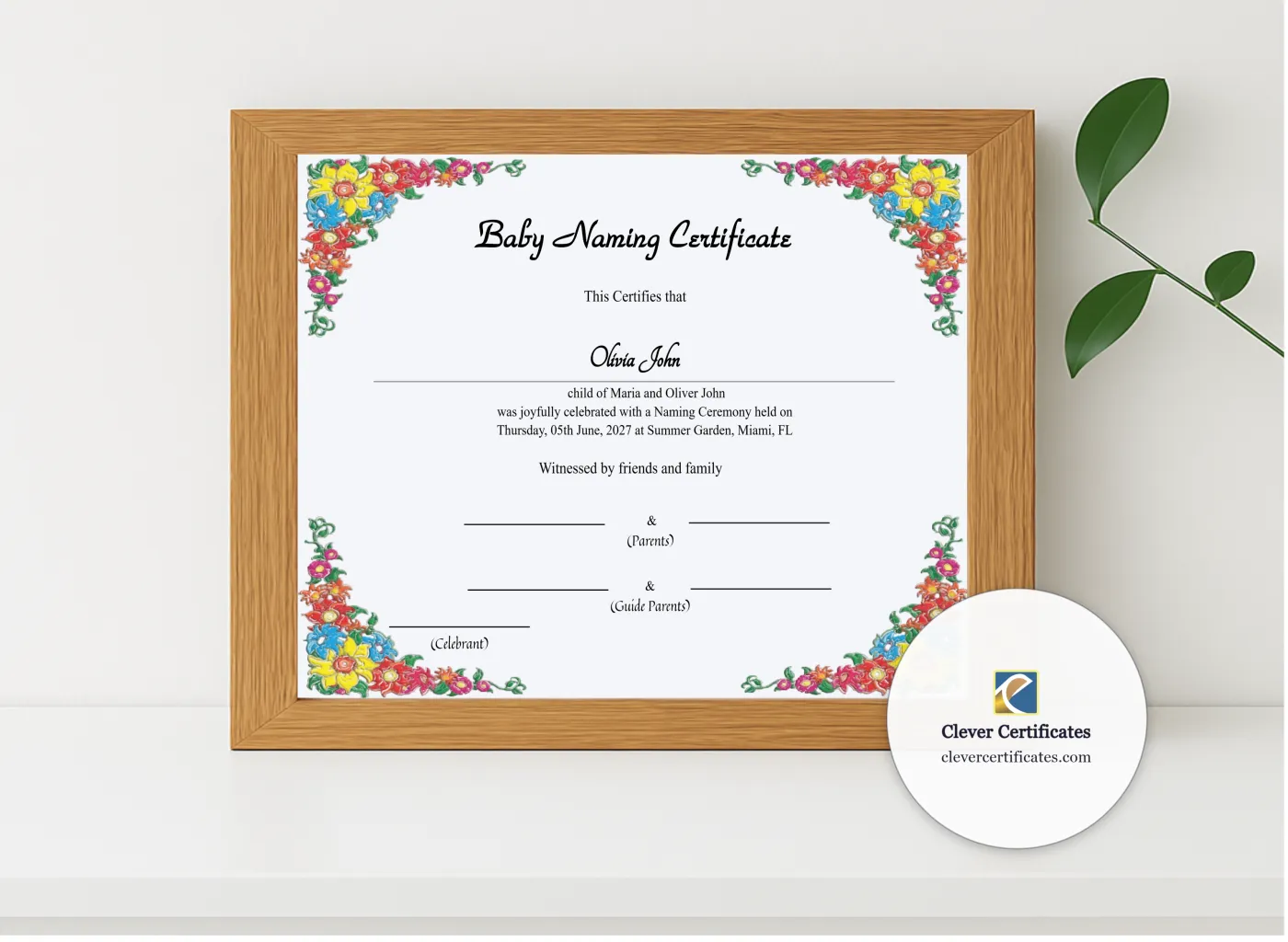 Realistic mockup featuring Printable Baby Naming Certificate displayed within a modern frame, set against a minimalistic background.