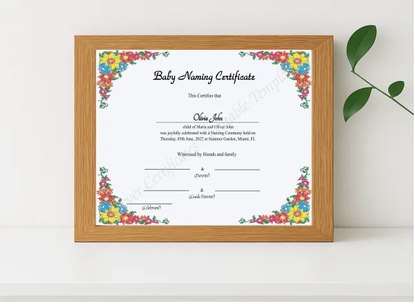 Realistic mockup featuring Printable Baby Naming Certificate displayed within a modern frame, set against a minimalistic background.