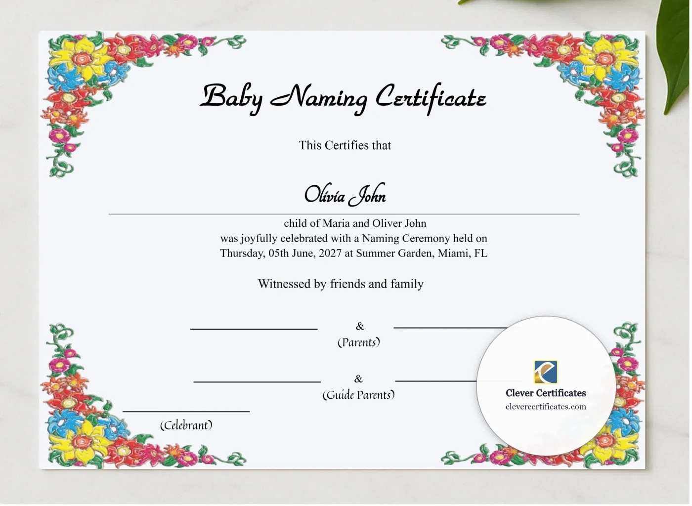 Printable Baby Naming Certificate presented in a sleek wooden frame, elegantly arranged on a stylish table.