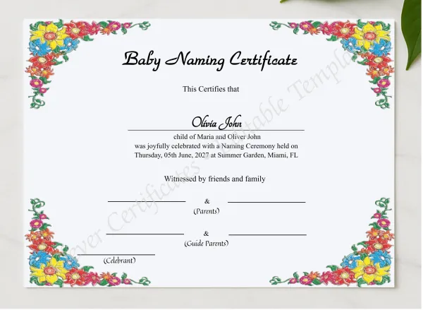 Printable Baby Naming Certificate presented in a sleek wooden frame, elegantly arranged on a stylish table.