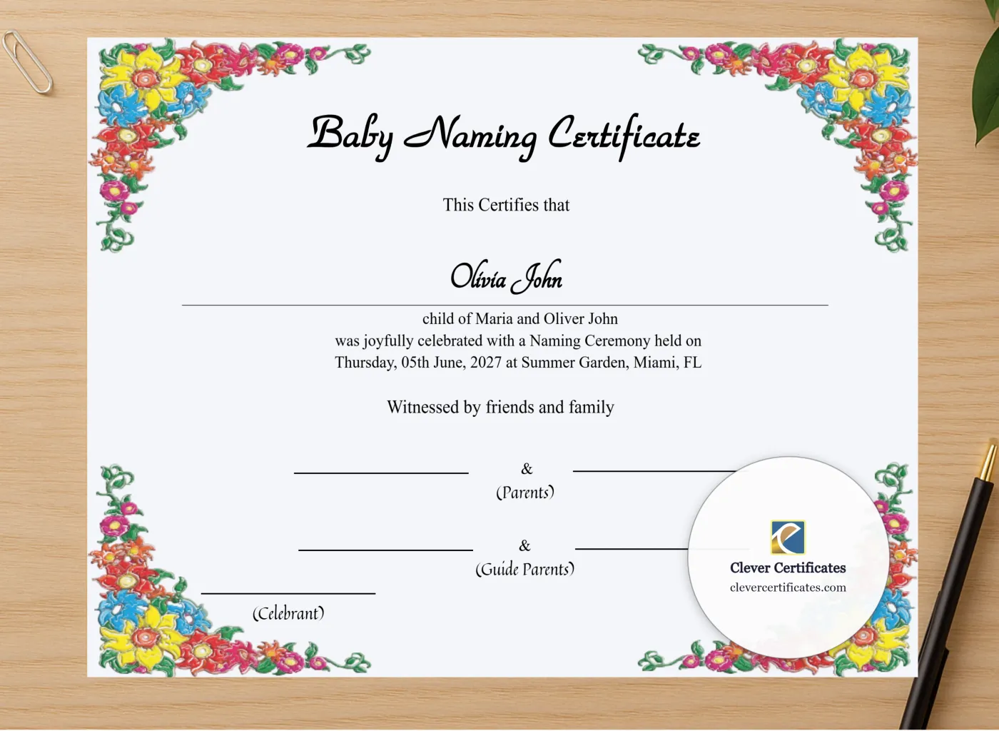 Professional preview of Printable Baby Naming Certificate certificate on high-quality stationery paper, ideal for showcasing the final look.