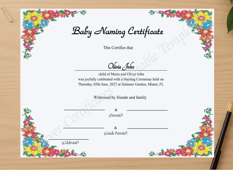 Professional preview of Printable Baby Naming Certificate certificate on high-quality stationery paper, ideal for showcasing the final look.