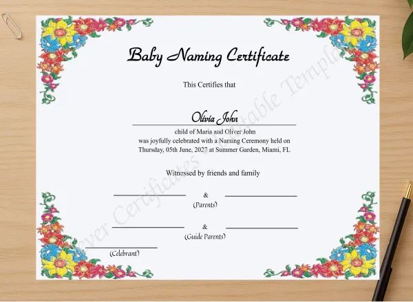 Professional preview of Printable Baby Naming Certificate certificate on high-quality stationery paper, ideal for showcasing the final look.
