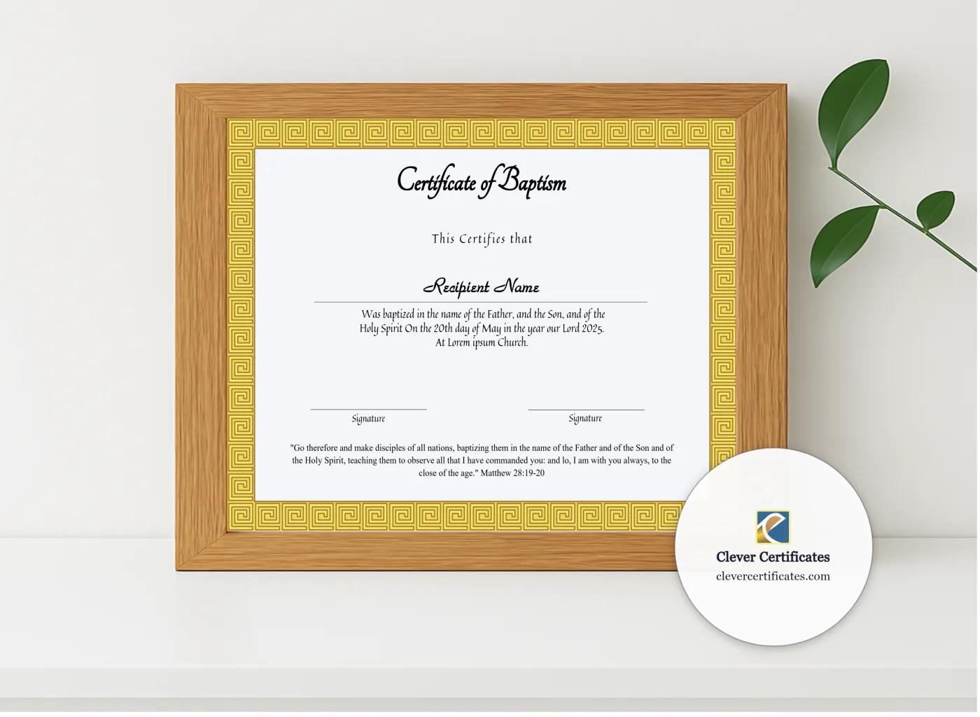 Realistic mockup featuring Editable Certificate Of Baptism displayed within a modern frame, set against a minimalistic background.