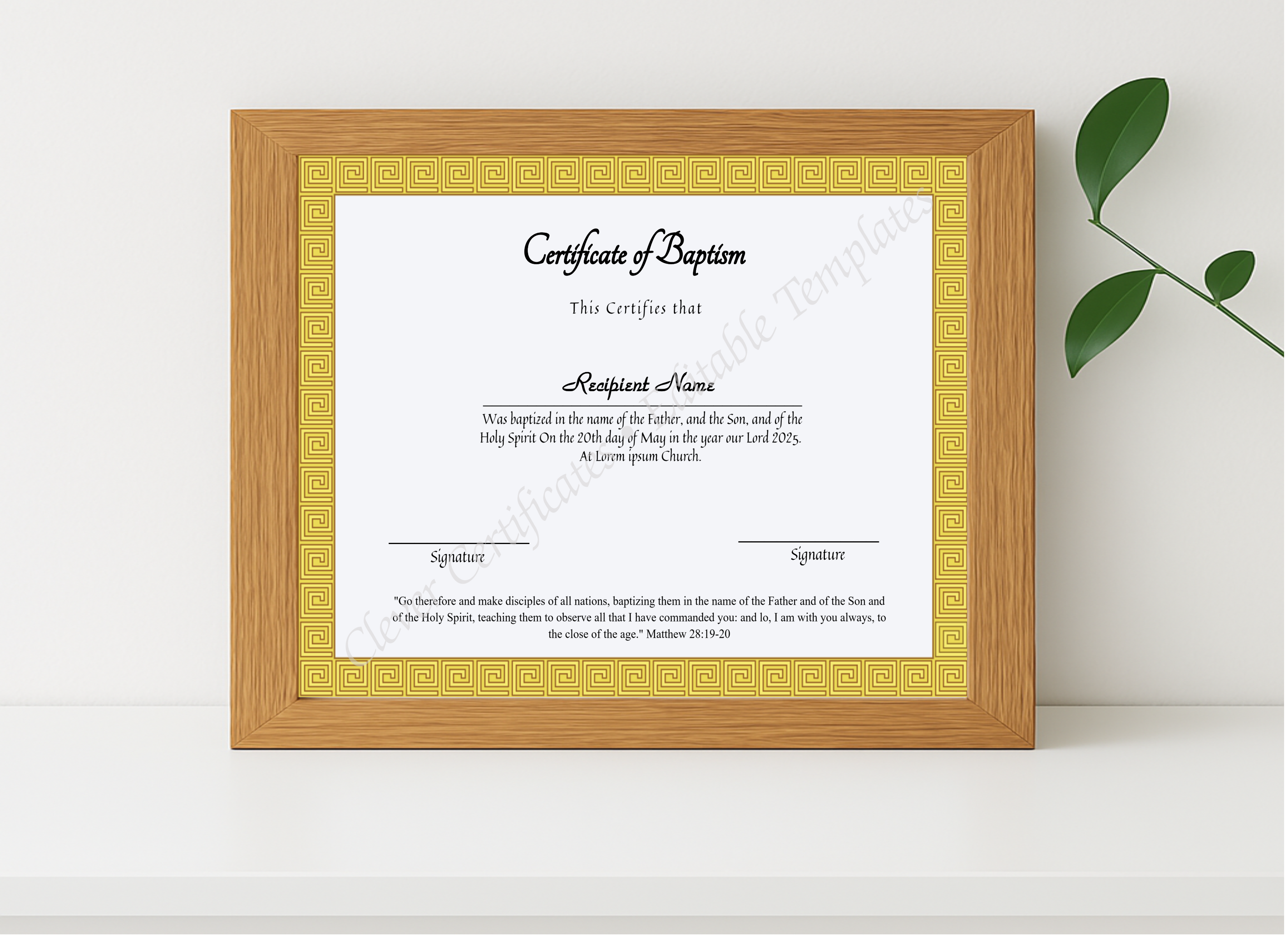 Realistic mockup featuring Editable Certificate Of Baptism displayed within a modern frame, set against a minimalistic background.