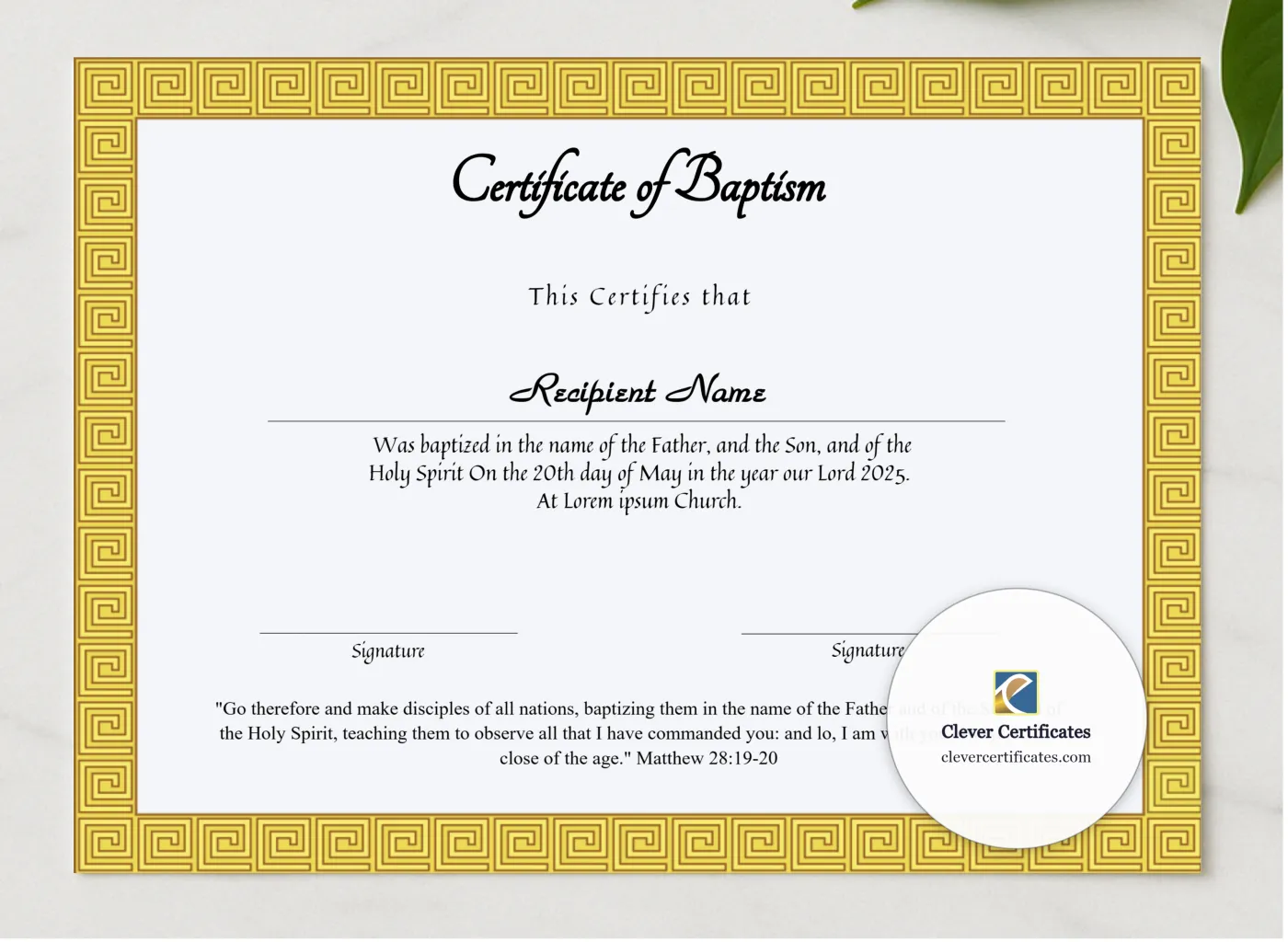 Editable Certificate Of Baptism presented in a sleek wooden frame, elegantly arranged on a stylish table.