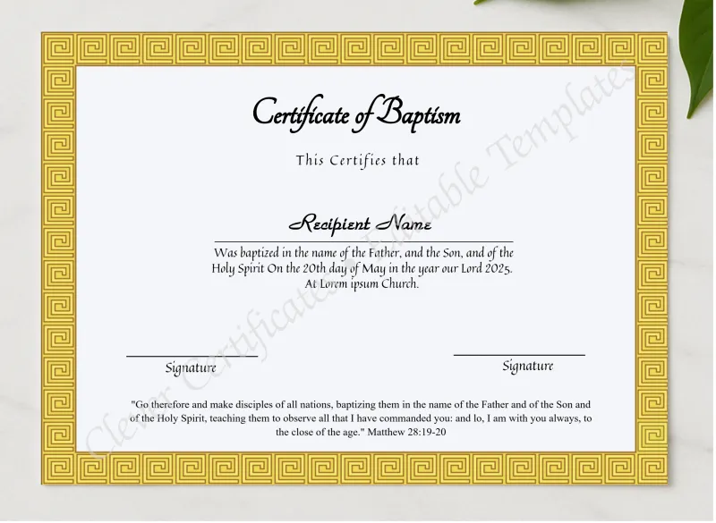Editable Certificate Of Baptism presented in a sleek wooden frame, elegantly arranged on a stylish table.