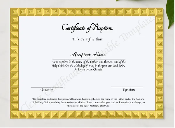 Editable Certificate Of Baptism presented in a sleek wooden frame, elegantly arranged on a stylish table.