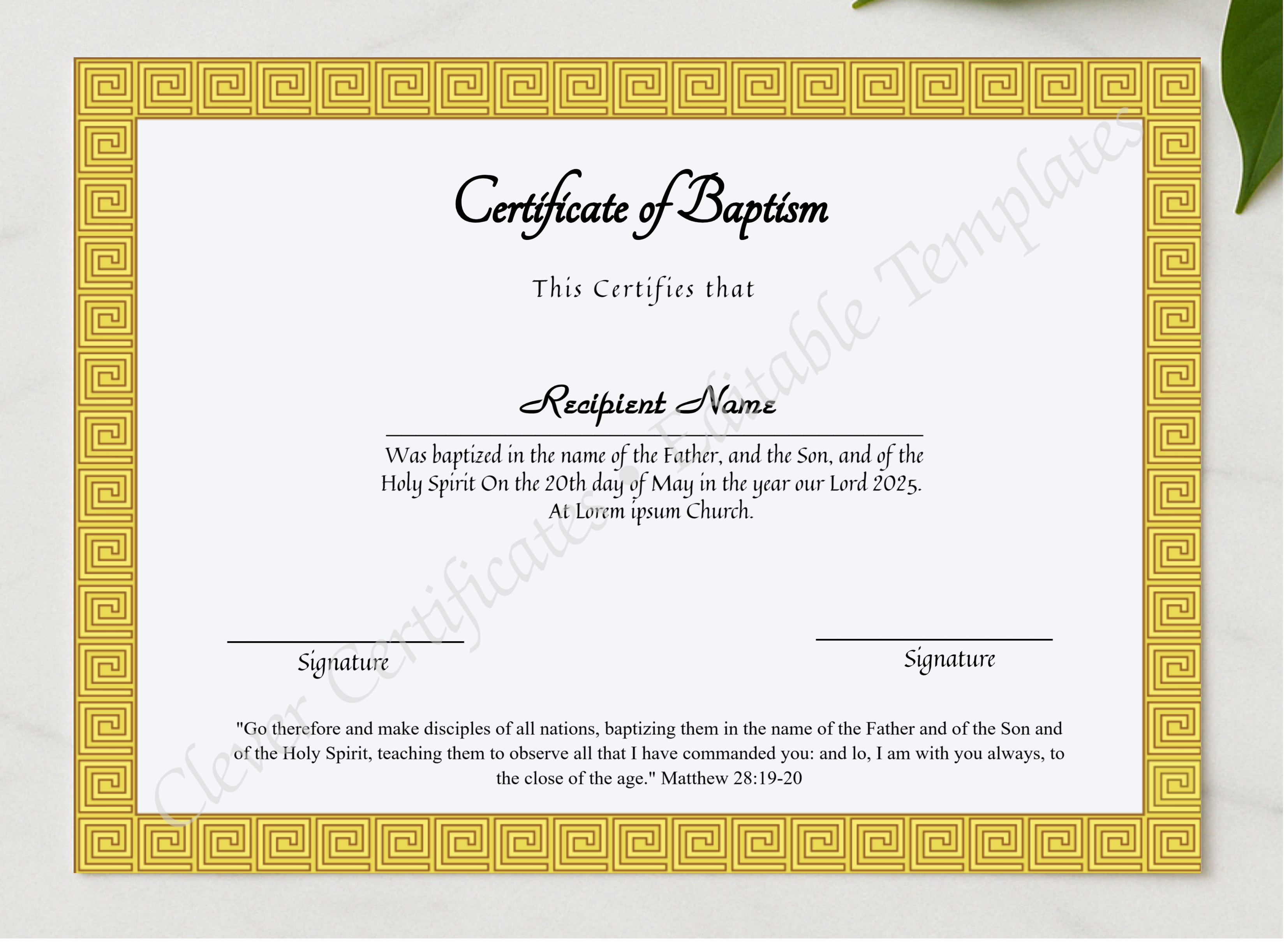 Editable Certificate Of Baptism presented in a sleek wooden frame, elegantly arranged on a stylish table.
