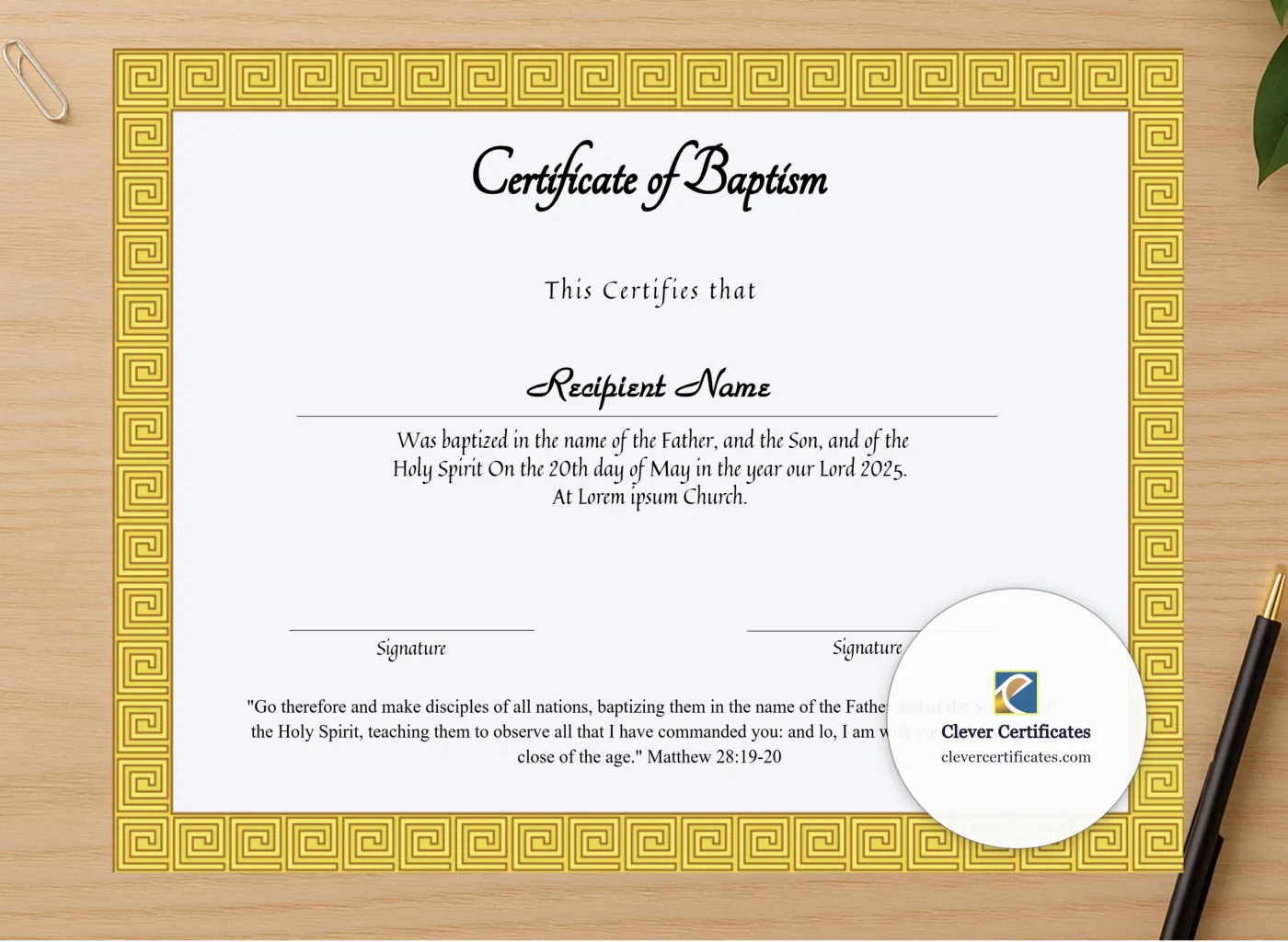 Professional preview of Editable Certificate Of Baptism certificate on high-quality stationery paper, ideal for showcasing the final look.