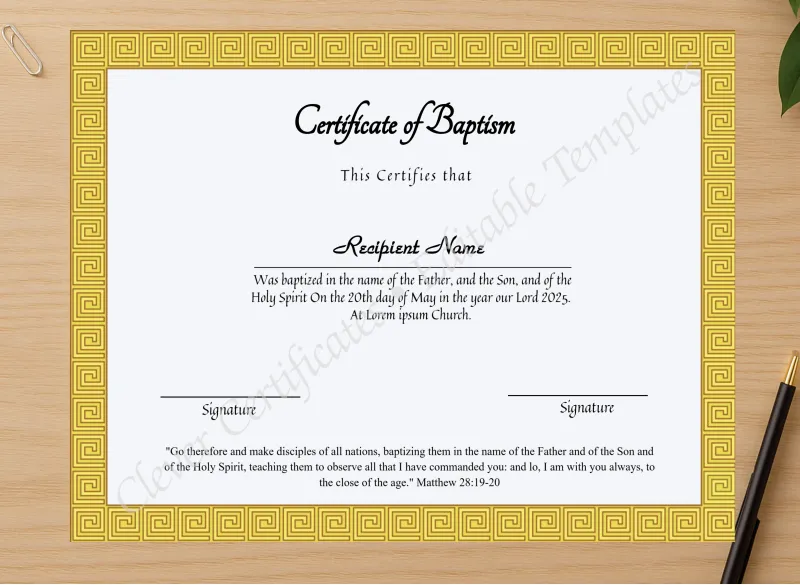 Professional preview of Editable Certificate Of Baptism certificate on high-quality stationery paper, ideal for showcasing the final look.