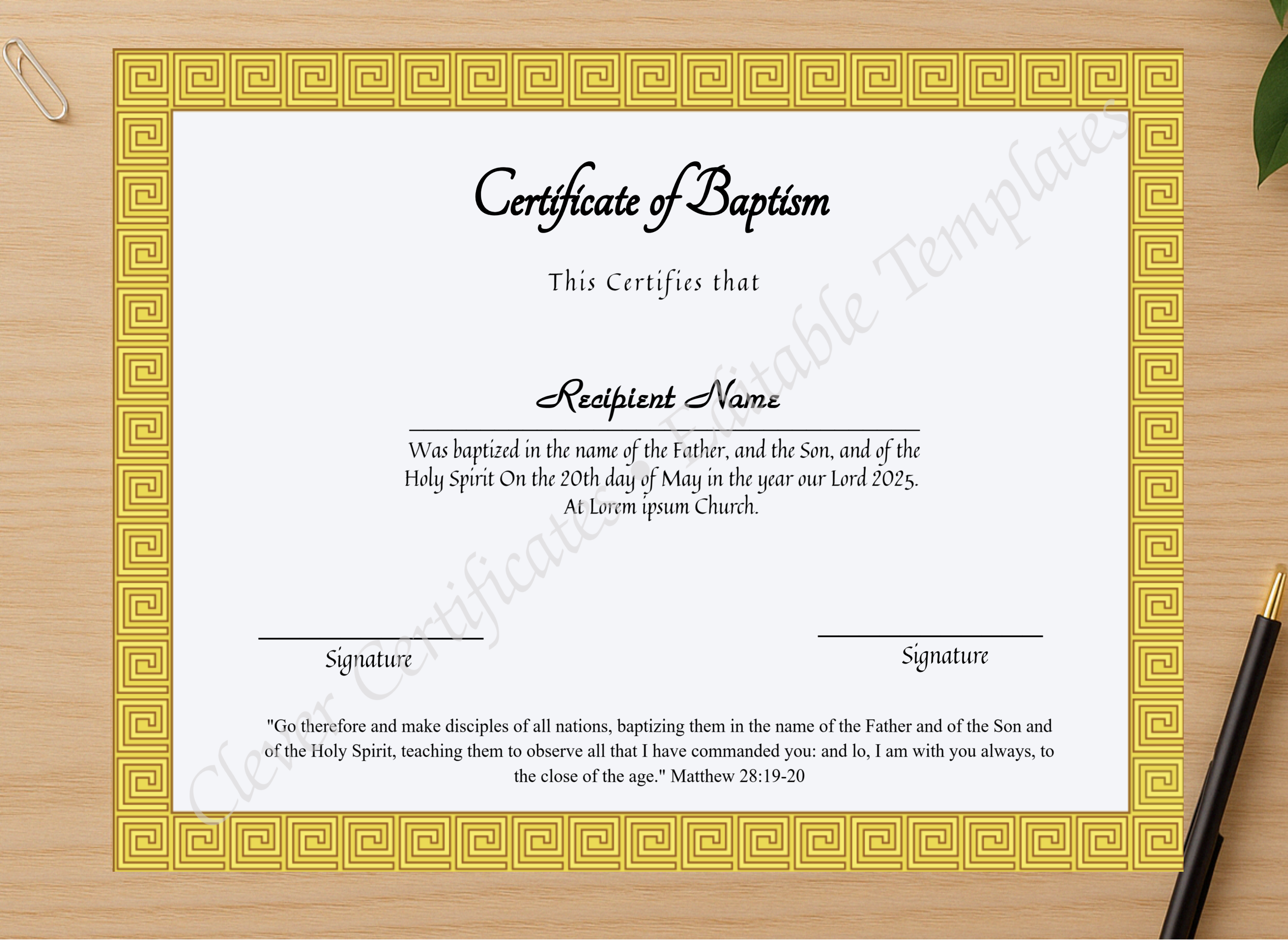 Professional preview of Editable Certificate Of Baptism certificate on high-quality stationery paper, ideal for showcasing the final look.