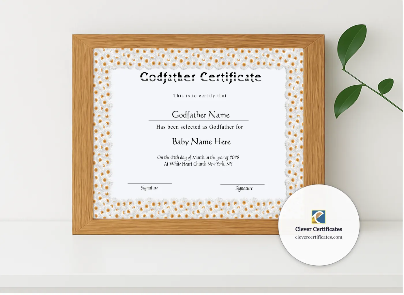 Realistic mockup featuring Editable Godfather Certificate displayed within a modern frame, set against a minimalistic background.