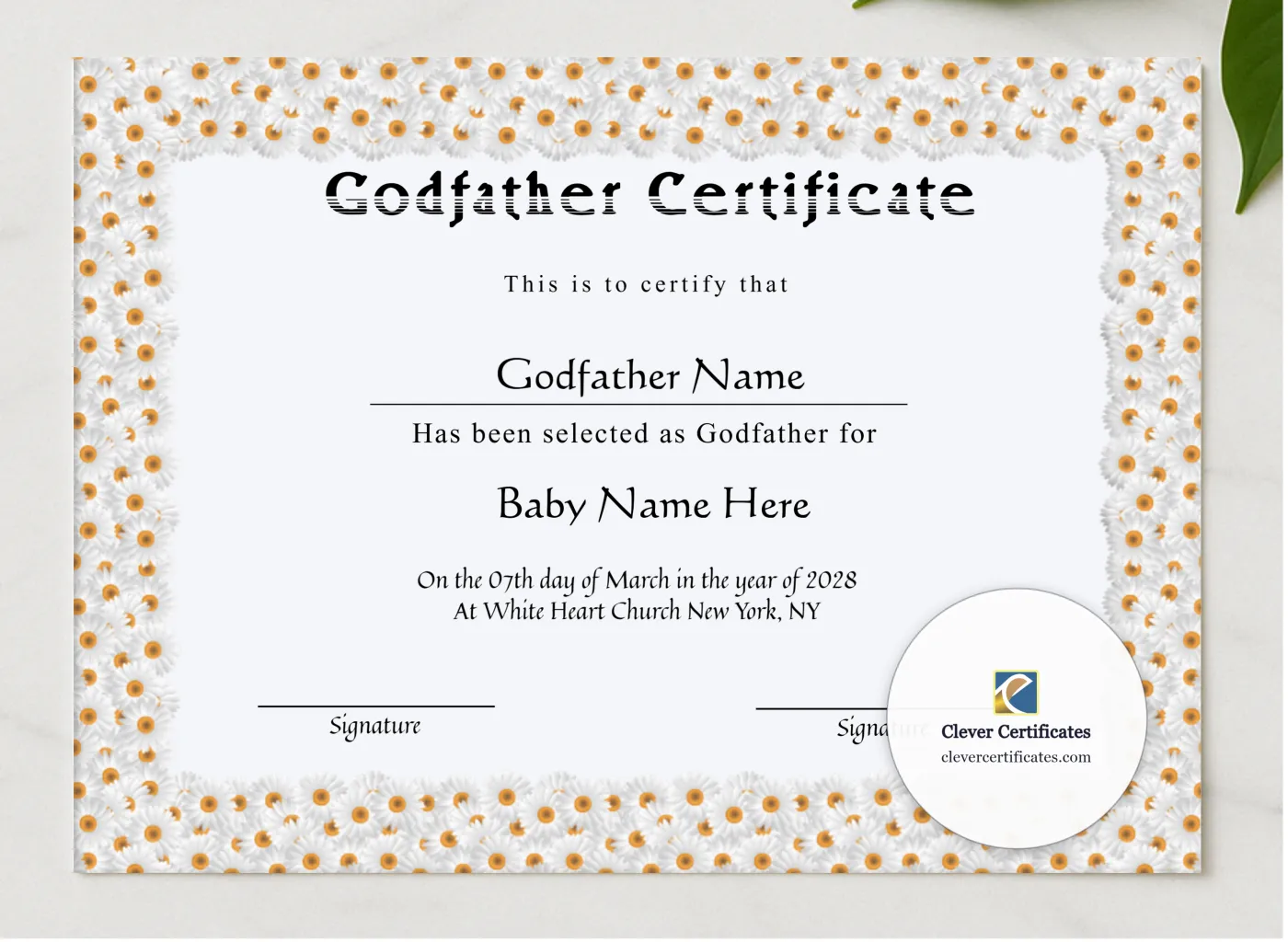 Editable Godfather Certificate presented in a sleek wooden frame, elegantly arranged on a stylish table.