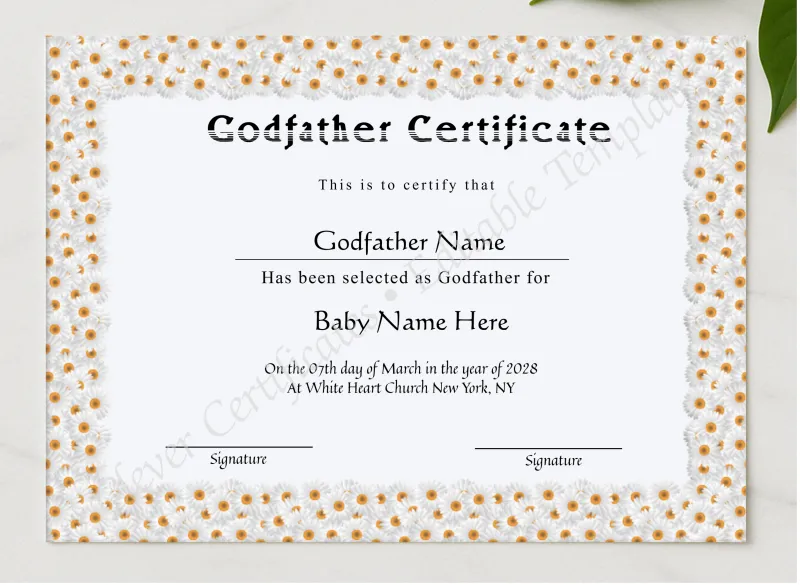 Editable Godfather Certificate presented in a sleek wooden frame, elegantly arranged on a stylish table.