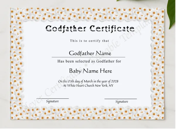 Editable Godfather Certificate presented in a sleek wooden frame, elegantly arranged on a stylish table.