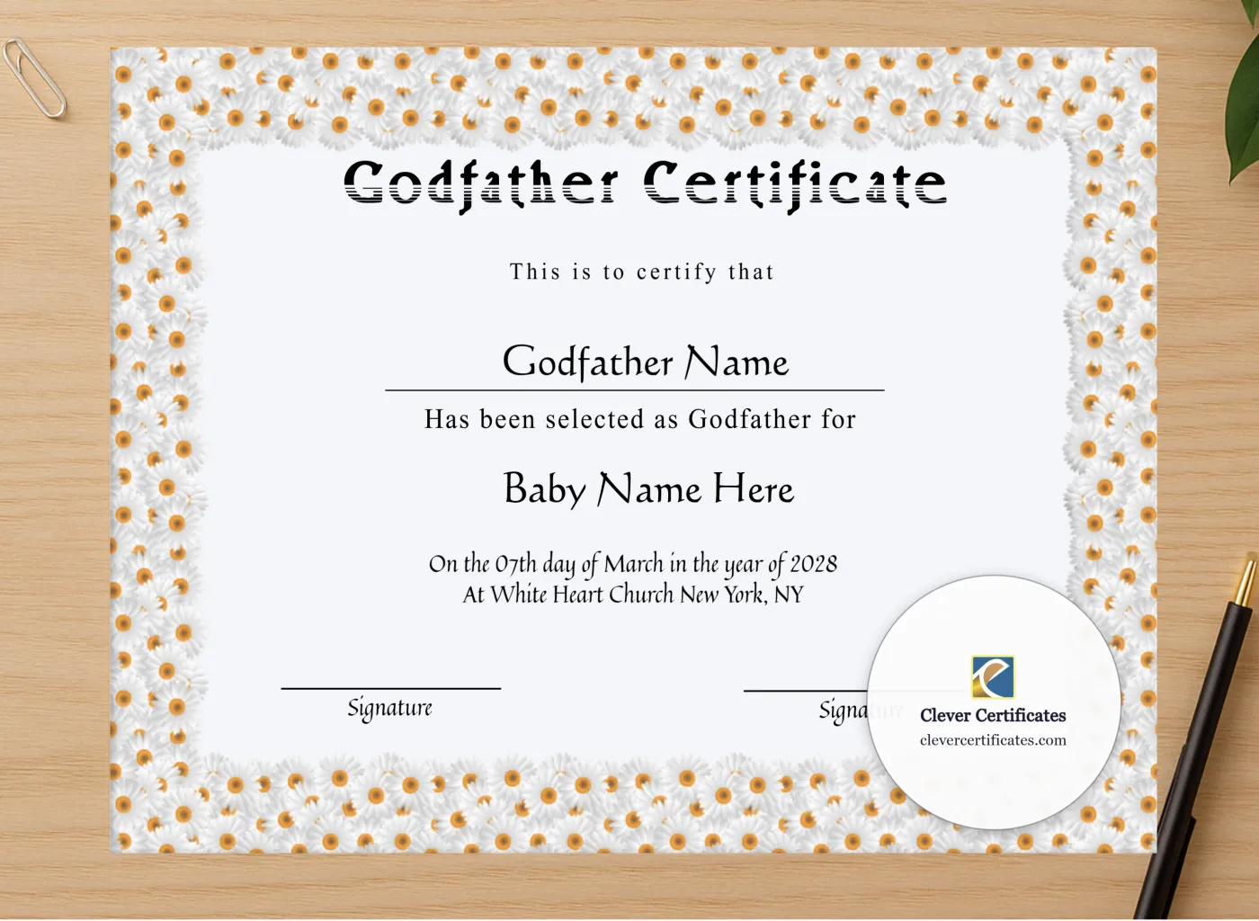 Professional preview of Editable Godfather Certificate certificate on high-quality stationery paper, ideal for showcasing the final look.
