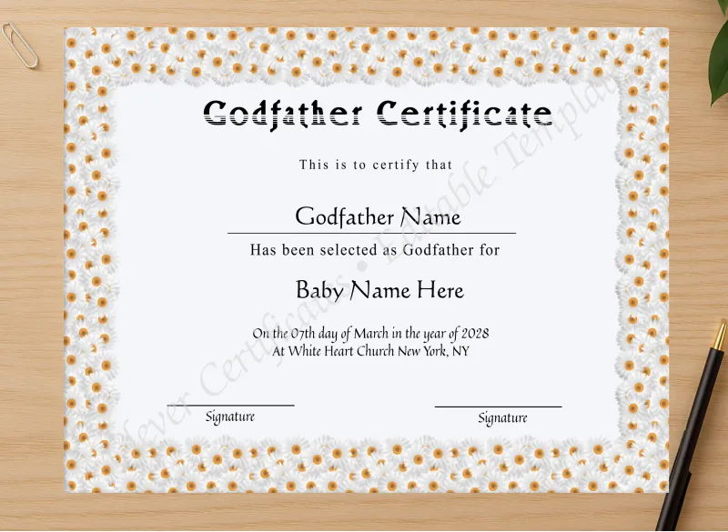 Professional preview of Editable Godfather Certificate certificate on high-quality stationery paper, ideal for showcasing the final look.