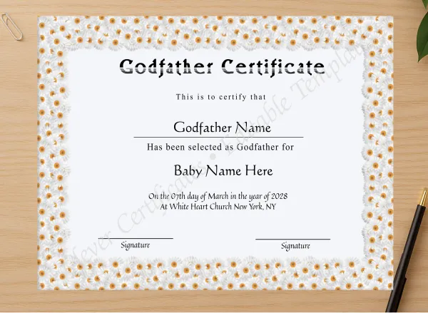 Professional preview of Editable Godfather Certificate certificate on high-quality stationery paper, ideal for showcasing the final look.