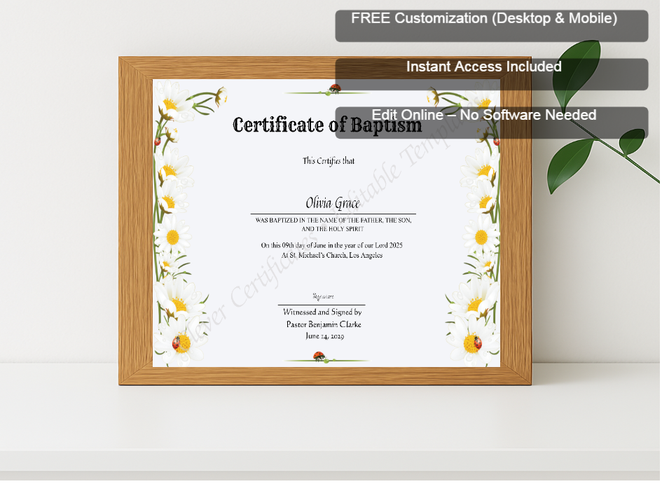 Premium mockup with Free Editor badge stack for Certificate Of Baptism