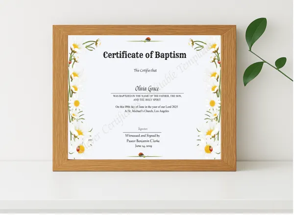 Realistic mockup featuring Certificate Of Baptism displayed within a modern frame, set against a minimalistic background.
