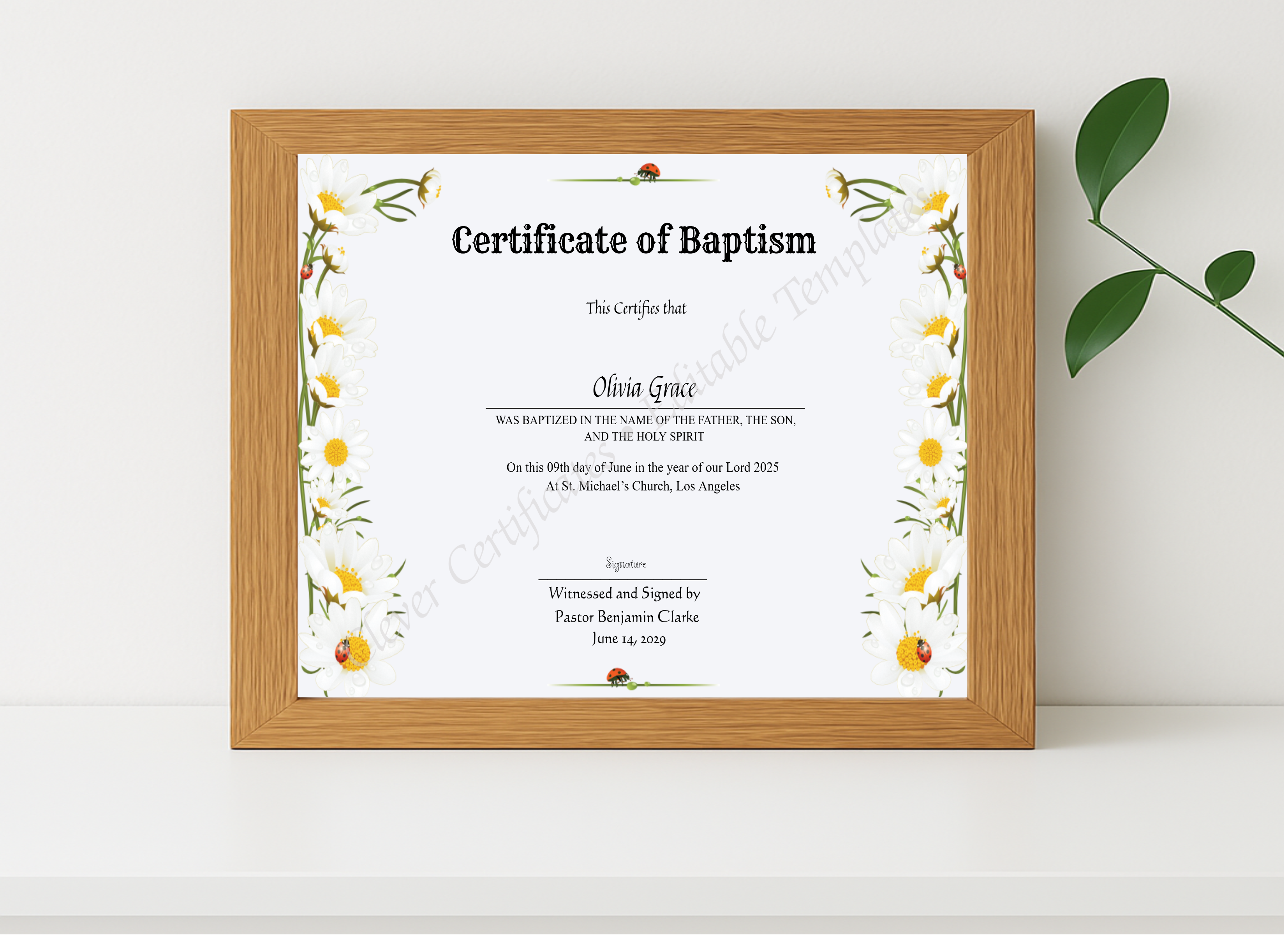 Realistic mockup featuring Certificate Of Baptism displayed within a modern frame, set against a minimalistic background.
