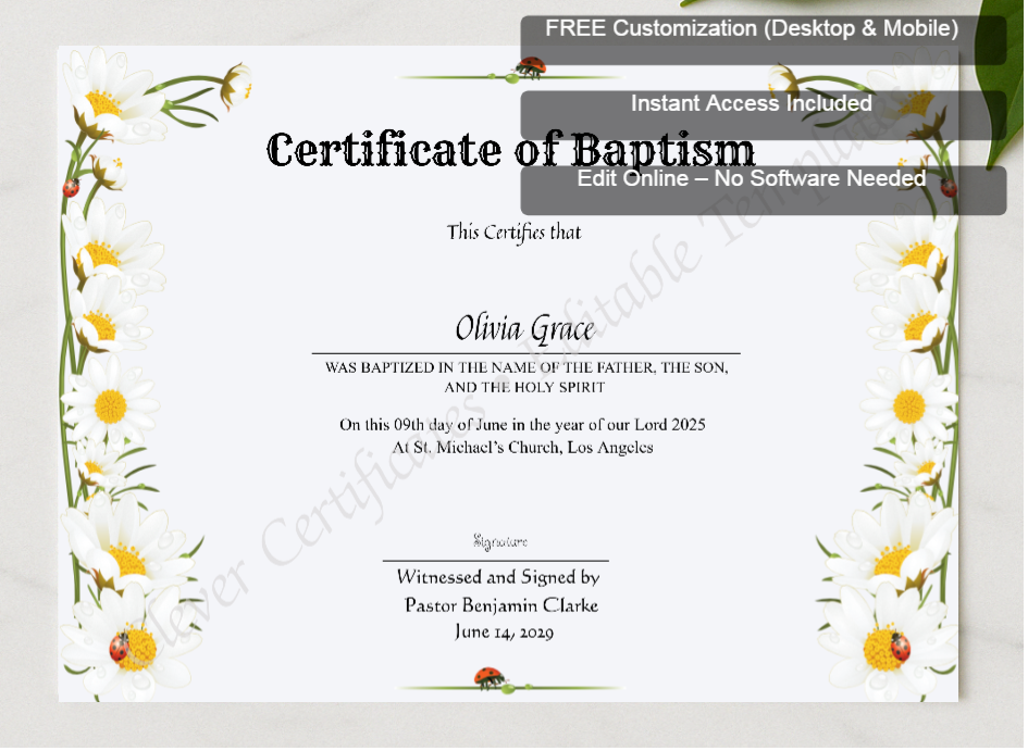 Framed preview featuring Free Editor badge stack for Certificate Of Baptism