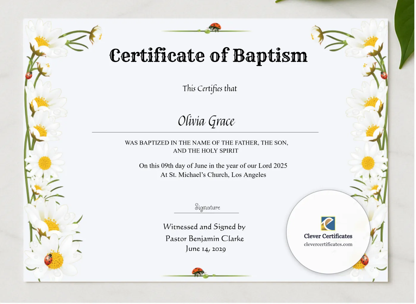 Certificate Of Baptism presented in a sleek wooden frame, elegantly arranged on a stylish table.