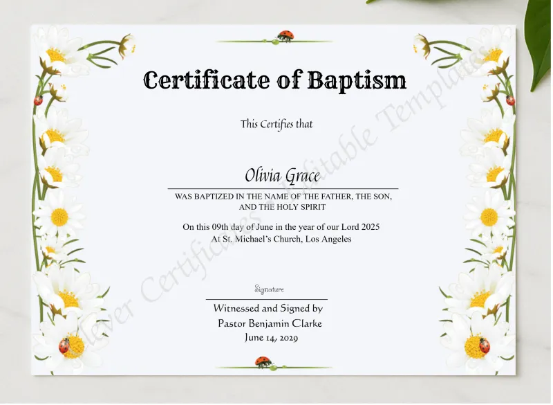 Certificate Of Baptism presented in a sleek wooden frame, elegantly arranged on a stylish table.