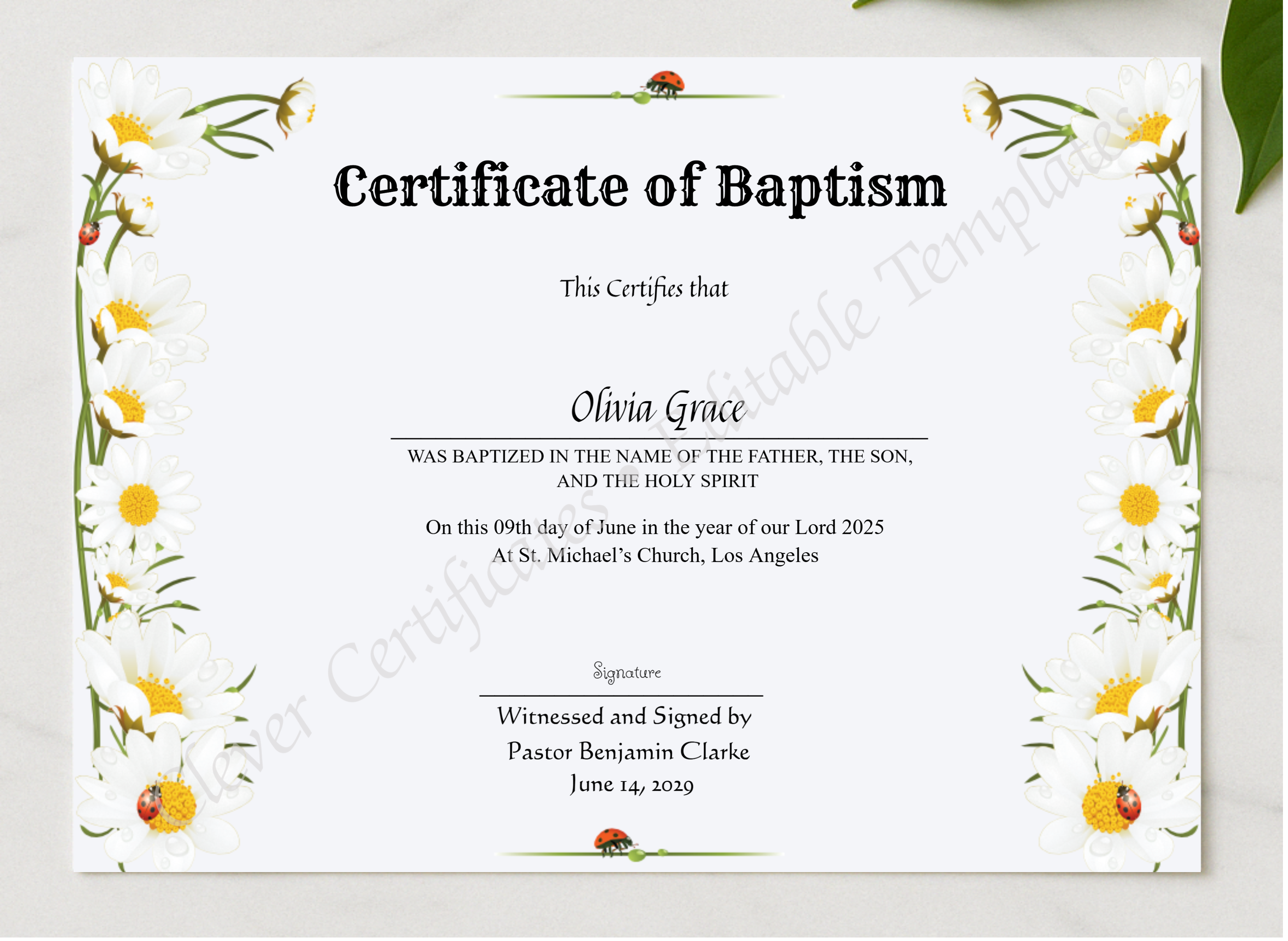 Certificate Of Baptism presented in a sleek wooden frame, elegantly arranged on a stylish table.