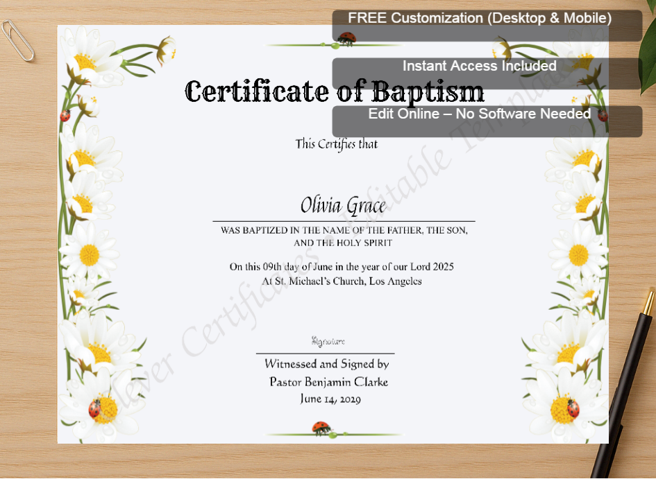 Zoomed preview with Free Editor badge stack for Certificate Of Baptism