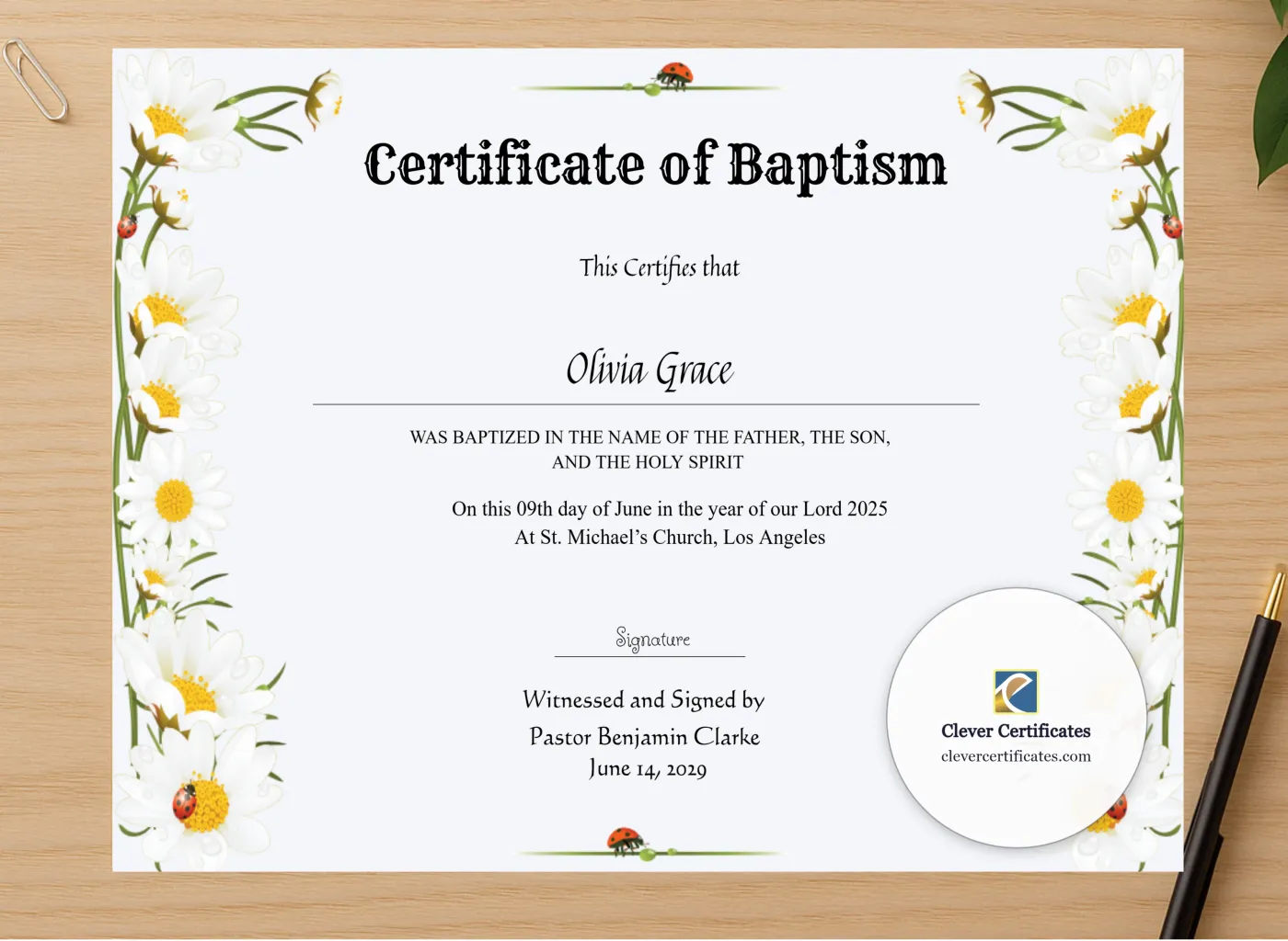 Professional preview of Certificate Of Baptism certificate on high-quality stationery paper, ideal for showcasing the final look.