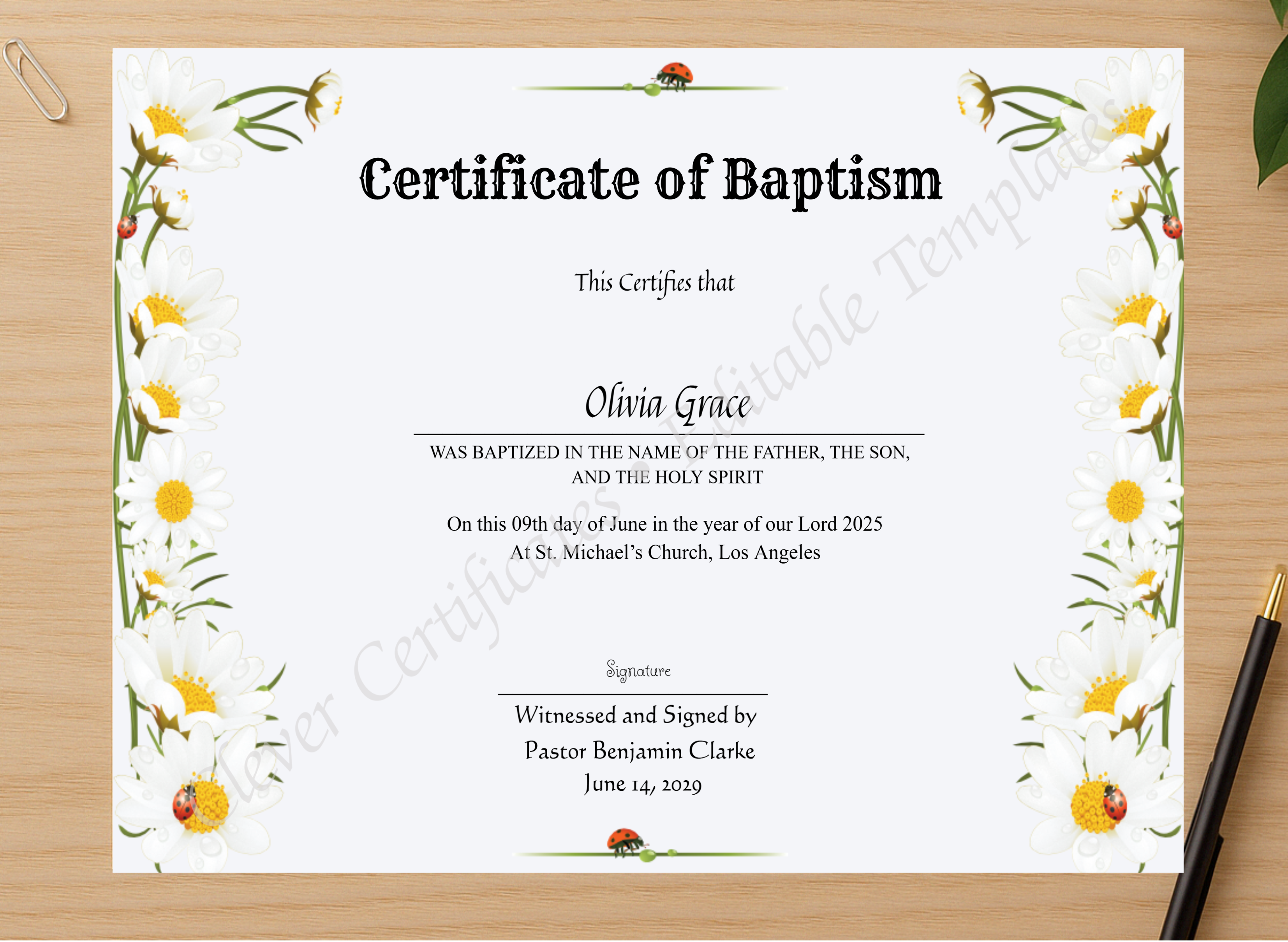 Professional preview of Certificate Of Baptism certificate on high-quality stationery paper, ideal for showcasing the final look.