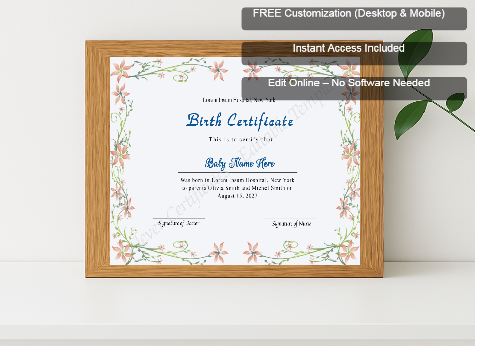 Premium mockup with Free Editor badge stack for Editable Birth Certificate