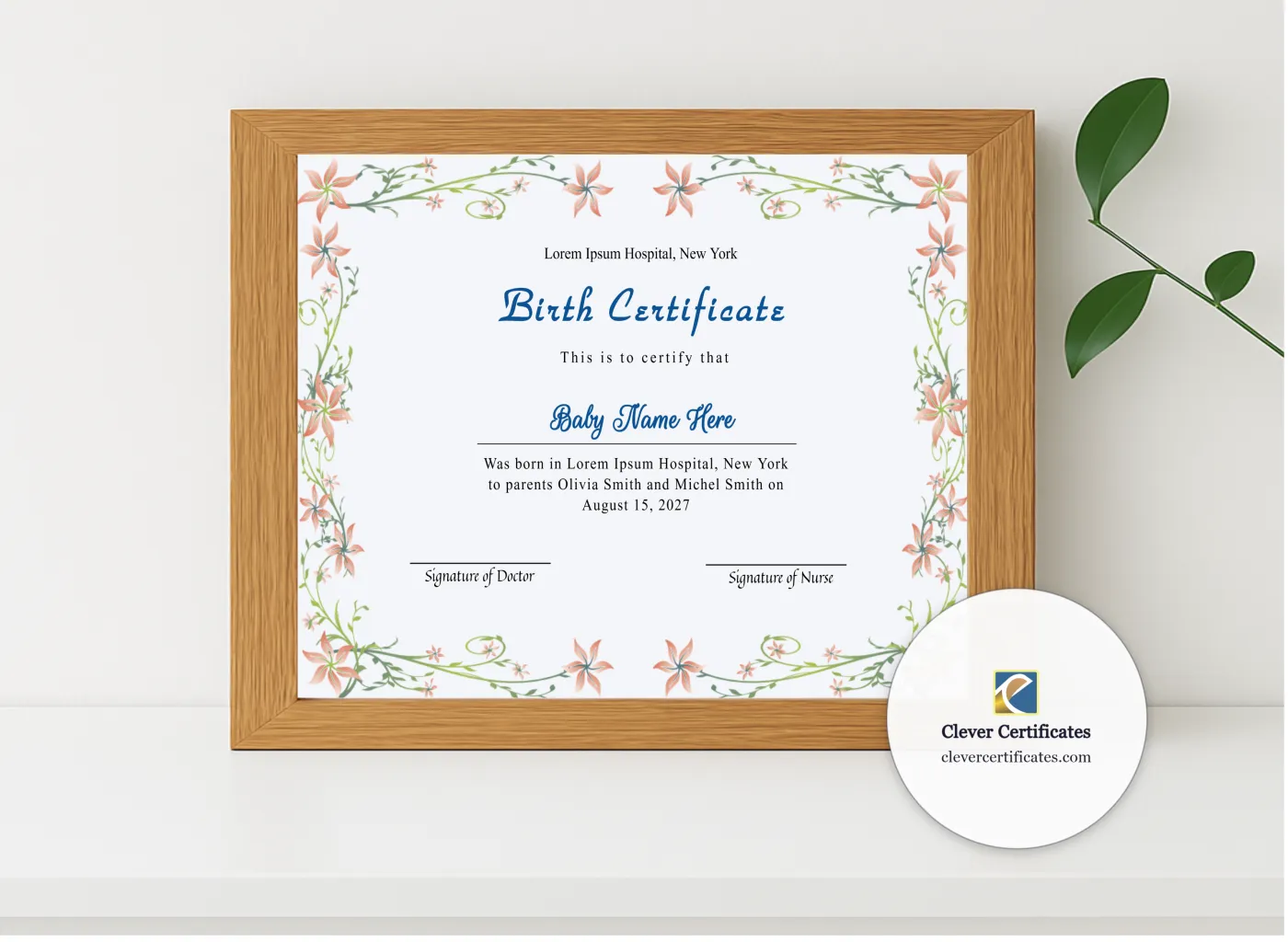 Realistic mockup featuring Editable Birth Certificate displayed within a modern frame, set against a minimalistic background.